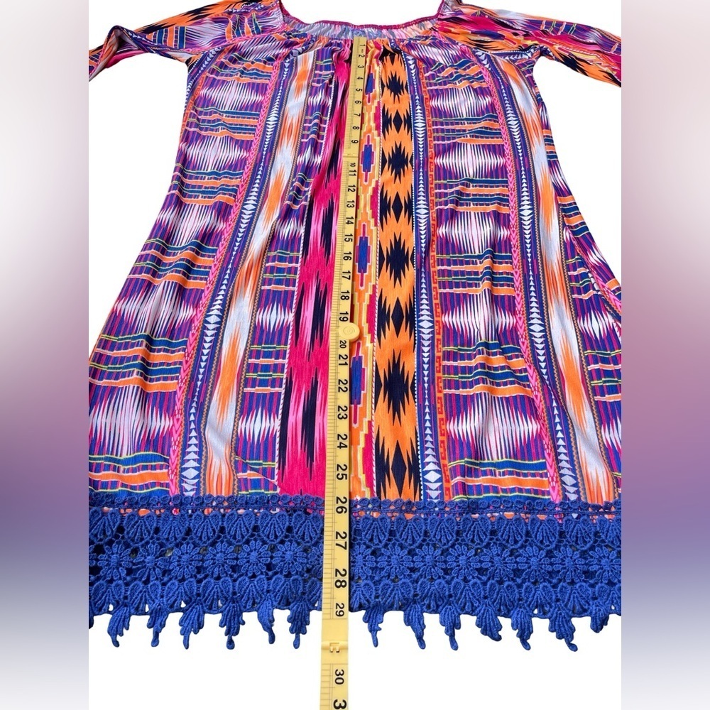 2B Together Boho Aztec Print Peasant Tunic Dress with Crochet Hem – Small - Picture 8 of 9